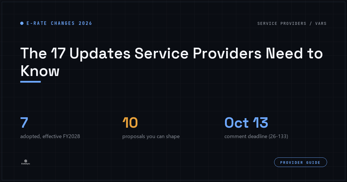 17 E-Rate changes for service providers in 2026: 7 adopted, 10 proposed